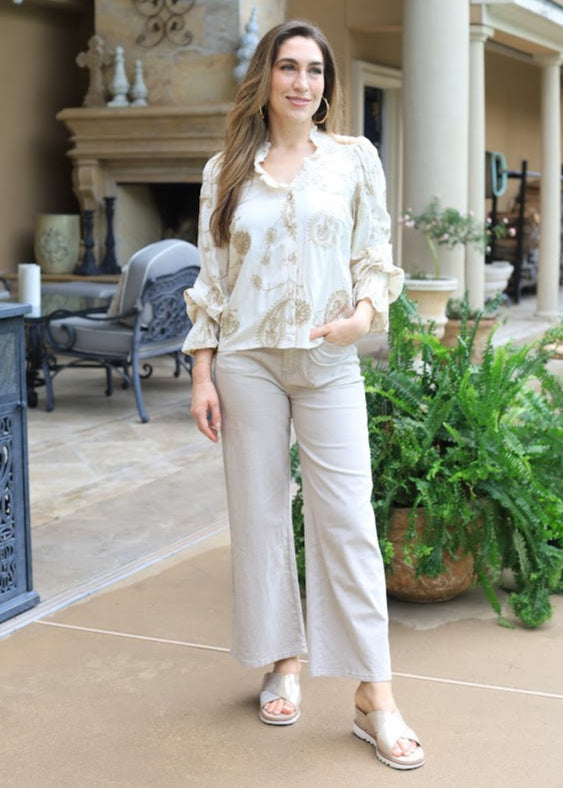 JUST WINGING IT IVORY EMBROIDERED BLOUSE
