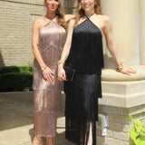 ABSOLUTELY BREATHTAKING FRINGE HALTER MAXI DRESS - BLACK, KHAKI OR RED