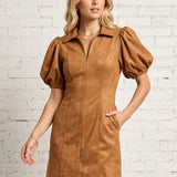 DRAWN TO YOU CAMEL SUEDE DRESS