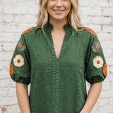 BLOOMS AT DUSK OLIVE EMBROIDERED SLEEVE TOP