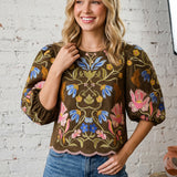 IN FINE DETAIL BROWN EMBROIDERED FLORAL TOP