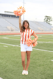 SIDELINE CHIC VERTICAL STRIPE FRINGE BURNT ORANGE SWEATER