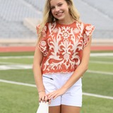 GAME DAY CHARM BURNT ORANGE EMBROIDERED BLOUSE