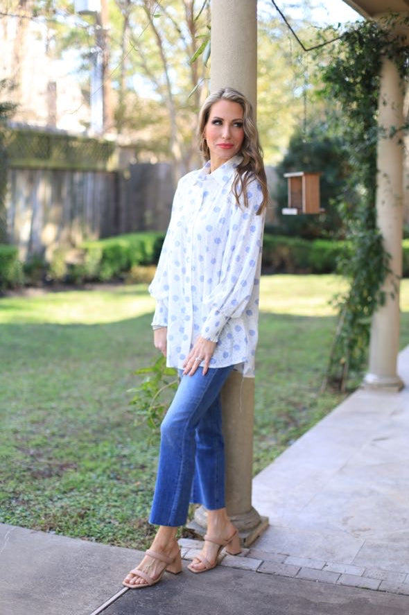 BRIGHTER DAYS BLUE POLKA DOT LS BLOUSE