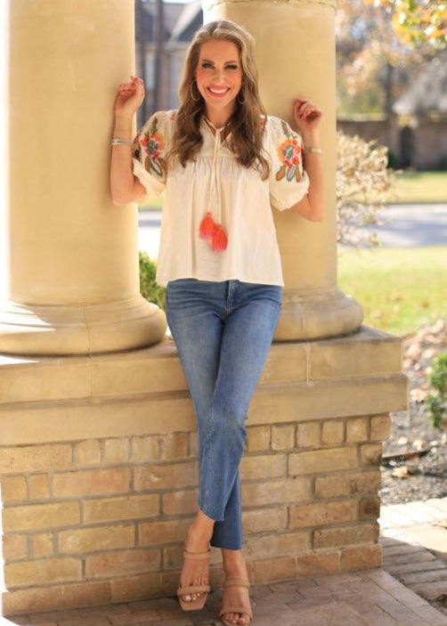 NO MORE CLOUDY SKIES FLORAL EMBROIDERED PUFF SLEEVE TOP