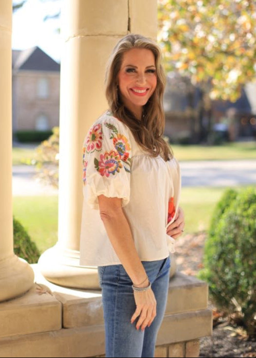 NO MORE CLOUDY SKIES FLORAL EMBROIDERED PUFF SLEEVE TOP