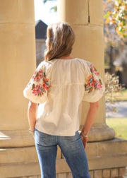 NO MORE CLOUDY SKIES FLORAL EMBROIDERED PUFF SLEEVE TOP