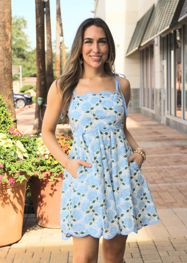 IN THE HYDRANGEA BUSHES BLUE DRESS
