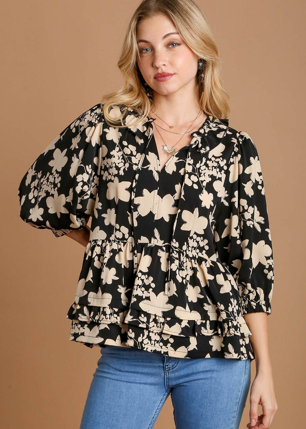 PERFECT HARMONY TWO TONE FLORAL PRINT TOP