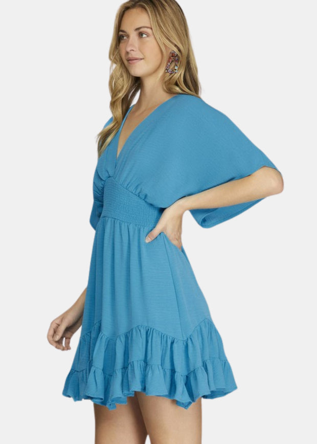 DIVA BLUE KIMONO SLEEVE SMOCKED WAIST DRESS