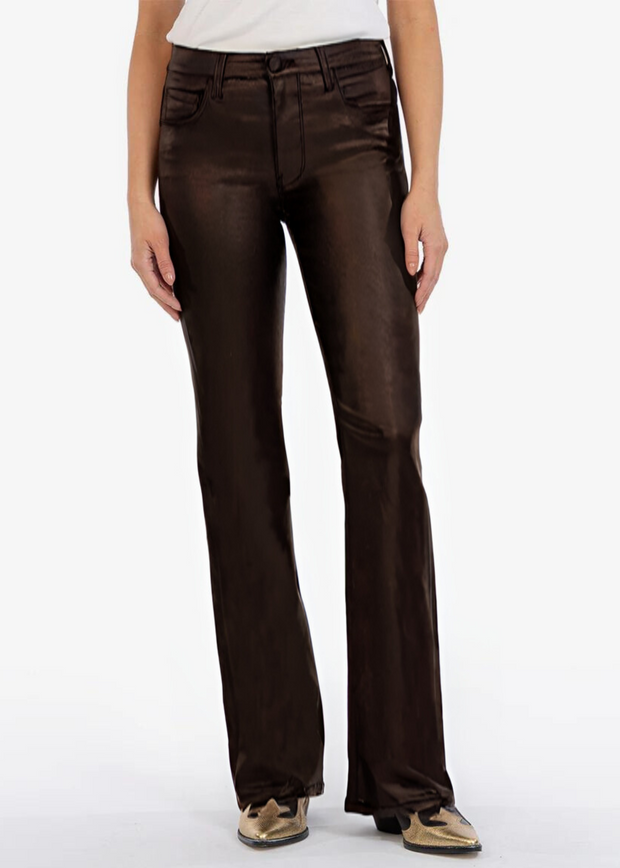 KUT ANA COATED HIGH RISE FLARE PANTS CHOCOLATE BROWN