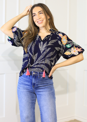 LUCINDA PUFF SLEEVE NAVY EMBROIDERED TOP