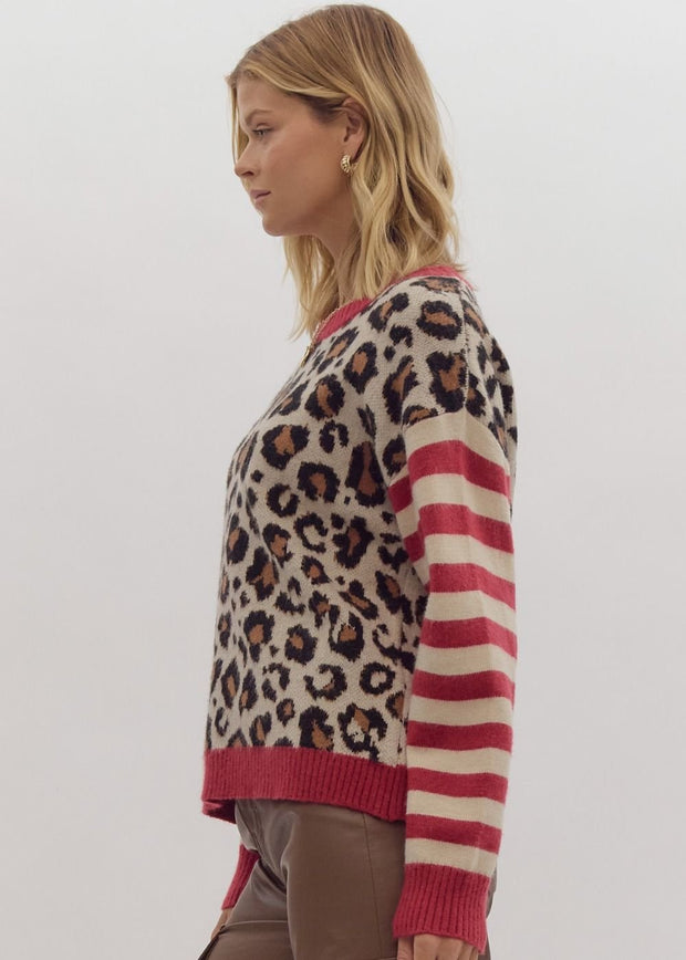 FIERCELY ON POINT LEOPARD STRIPED SWEATER TOP