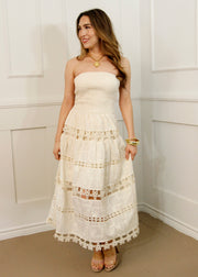 COASTAL COVE EYELET LACE STRAPLESS DRESS