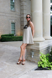 WALK IN PARADISE EMBROIDERED TAUPE DRESS