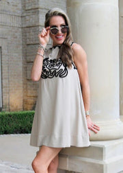 WALK IN PARADISE EMBROIDERED TAUPE DRESS