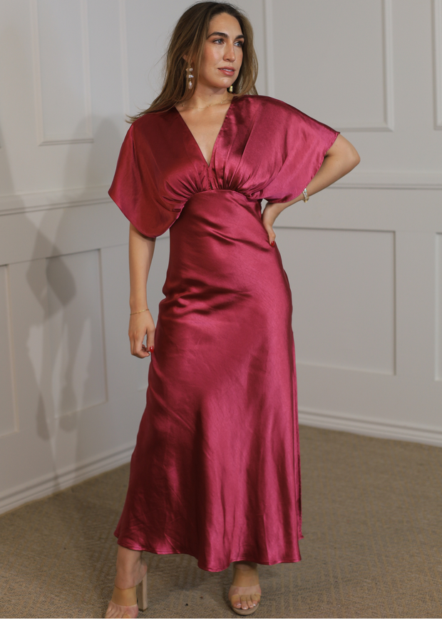 VIVA MAGENTA SATIN MAXI DRESS