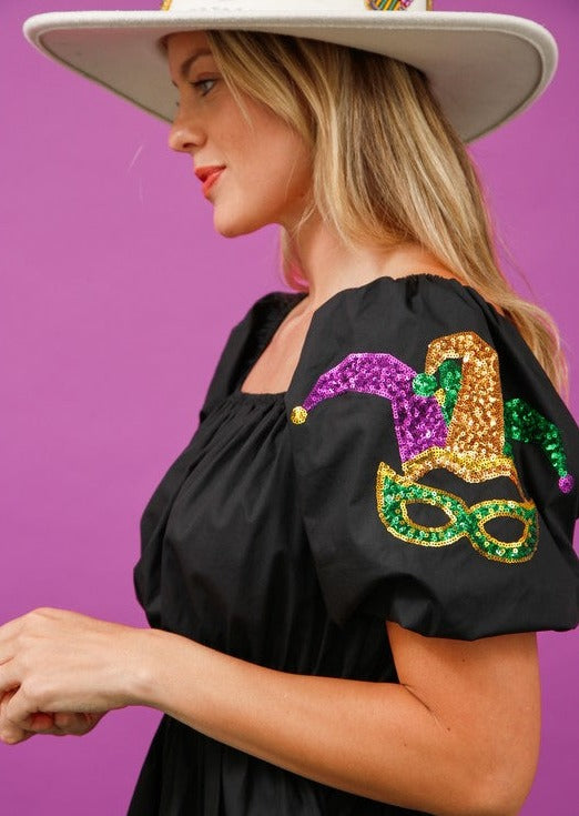 MARDI GRAS JESTER CAP SLEEVE DRESS