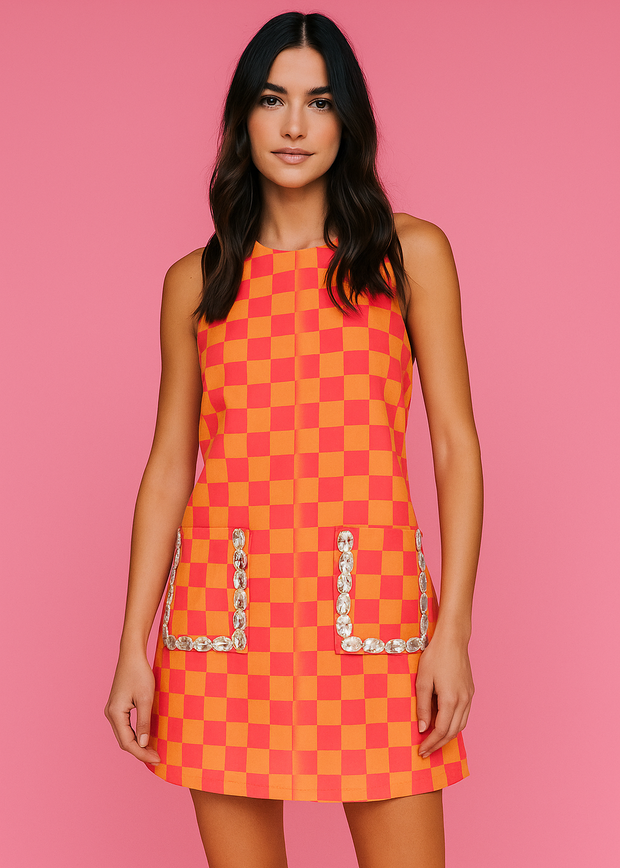 PLAID JEWEL POCKET COTTON TANK DRESS