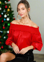 JOYOUS TIMES METALLIC OFF SHOULDER SMOCKED TOP