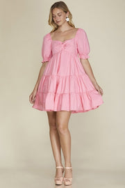 PLEASING CHARM PINK SWEETHEART NECK TIERED DRESS