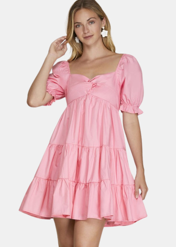 PLEASING CHARM PINK SWEETHEART NECK TIERED DRESS