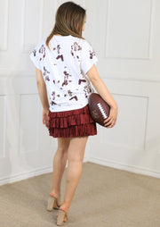 QUEEN OF SPARKLES: WHITE AND MAROON SCATTERED FOOTBALL TEE