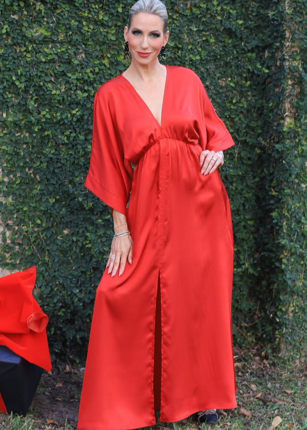 UNDER THE MISTLETOE RED SATIN KIMONO MAXI DRESS