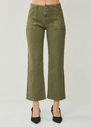 RISEN HIGH RISE ANKLE FLARE PATCH POCKET PANTS - MOSS