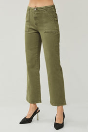 RISEN HIGH RISE ANKLE FLARE PATCH POCKET PANTS - MOSS