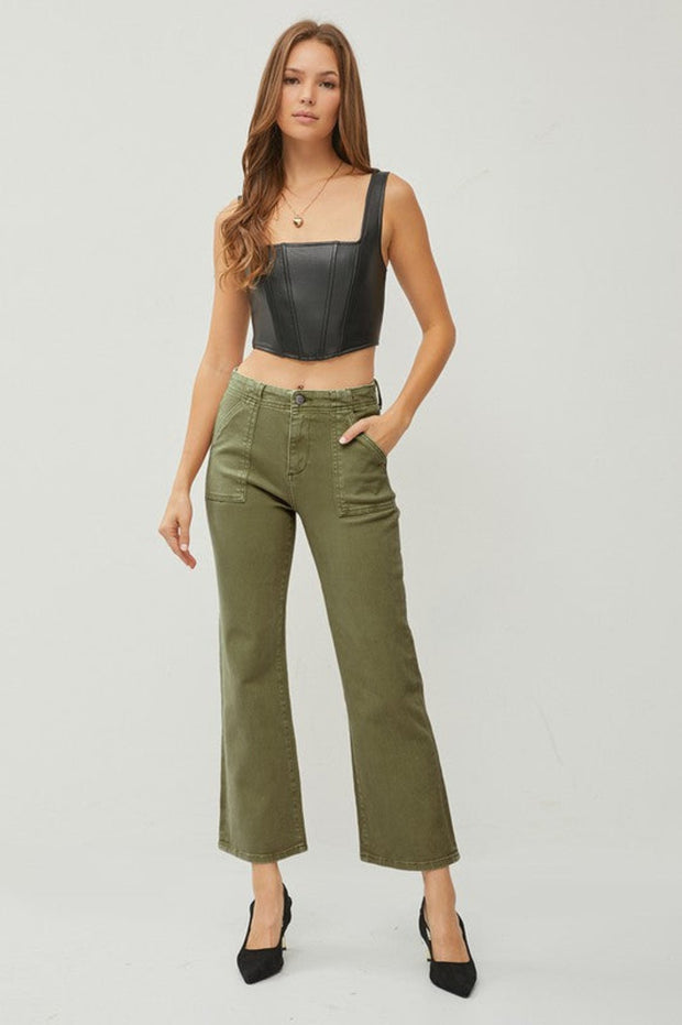 RISEN HIGH RISE ANKLE FLARE PATCH POCKET PANTS - MOSS