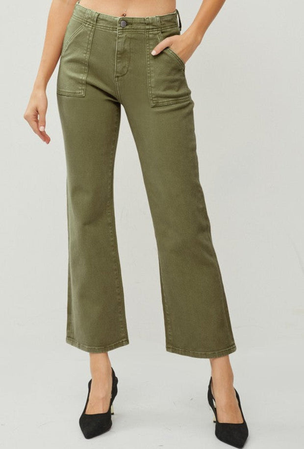 RISEN HIGH RISE ANKLE FLARE PATCH POCKET PANTS - MOSS