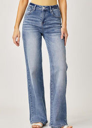 RISEN MID RISE WIDE LEG JEANS