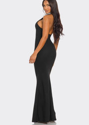 SIMPLY ENCHANTED RHINESTONE BLACK HALTER MAXI DRESS