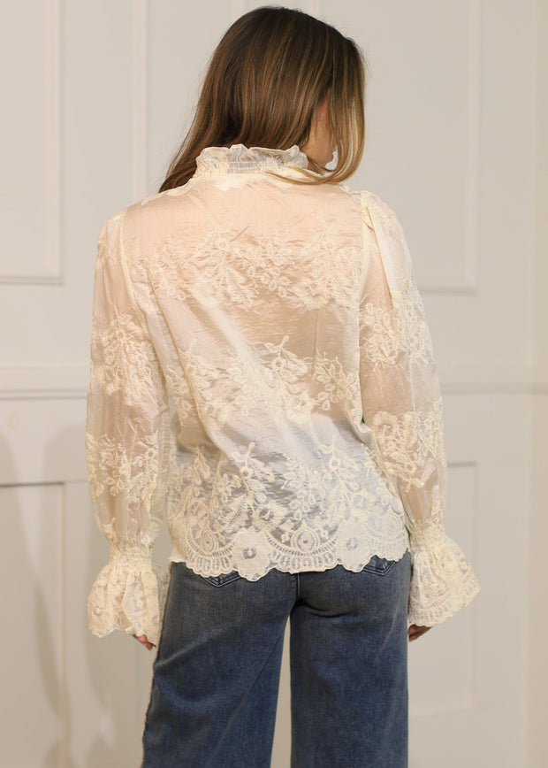 SHEER EXCITEMENT CREAM EMBROIDERED TOP