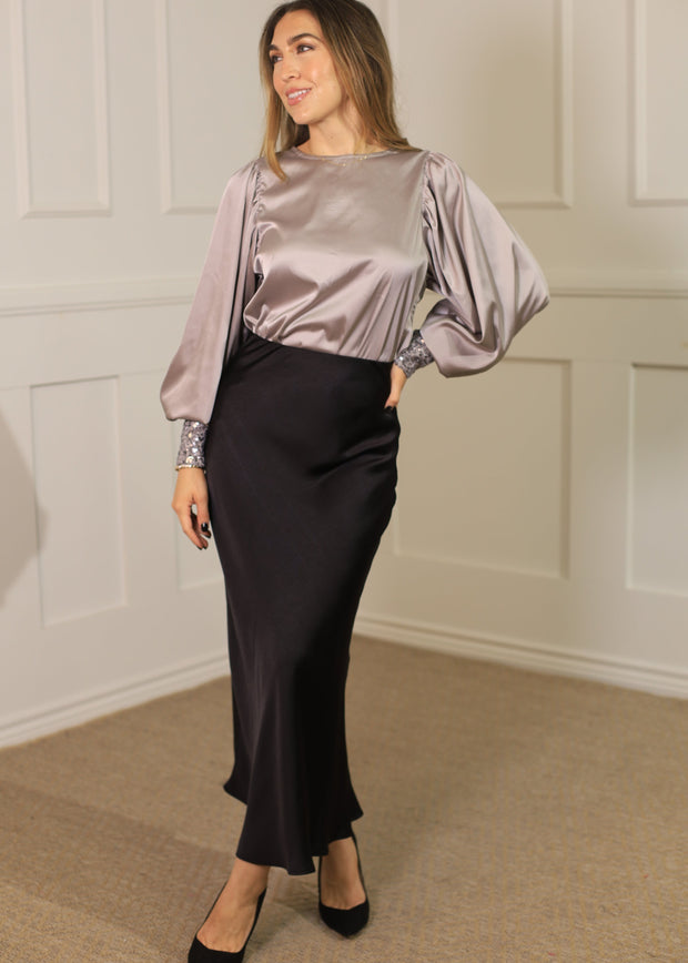 SUBTLE SEQUIN CUFF DETAIL SATIN BLOUSE