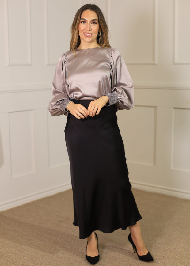 SUBTLE SEQUIN CUFF DETAIL SATIN BLOUSE