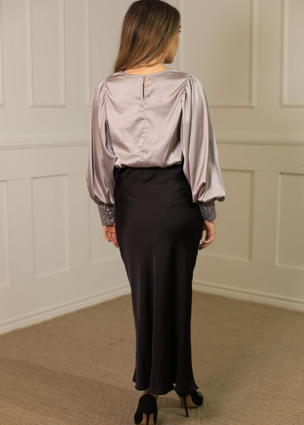 SUBTLE SEQUIN CUFF DETAIL SATIN BLOUSE