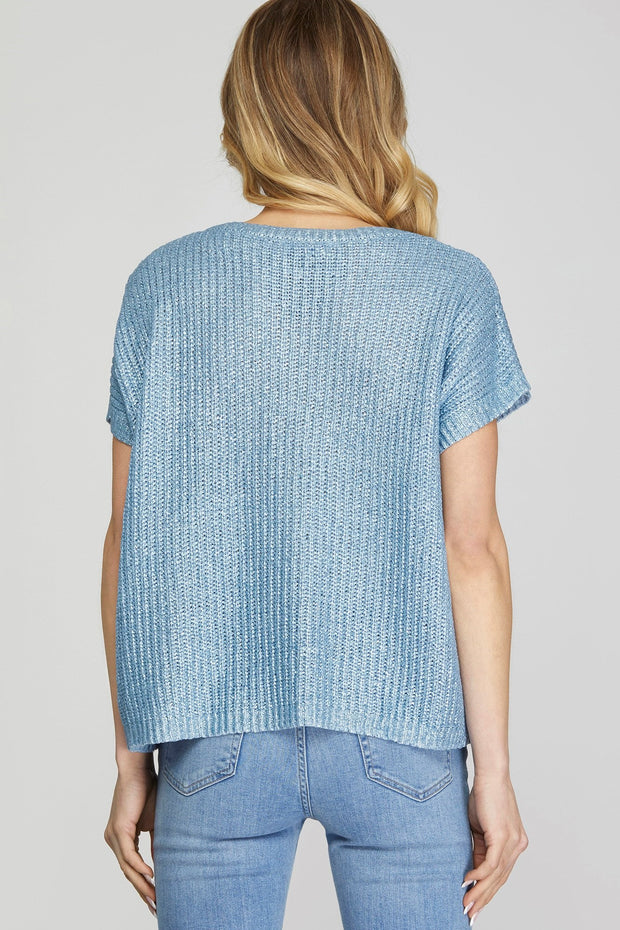BRING ON THE SPRING BLUE METALLIC SWEATER
