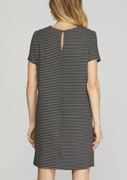 SPECIFICALLY STRIPED BLACK SHIFT DRESS
