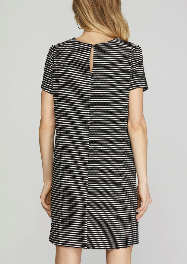 SPECIFICALLY STRIPED BLACK SHIFT DRESS