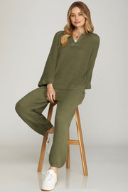 MORNING STROLLS OLIVE VNECK SWEATER