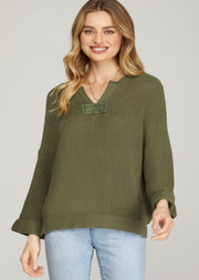 MORNING STROLLS OLIVE VNECK SWEATER