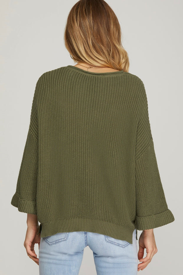 MORNING STROLLS OLIVE VNECK SWEATER