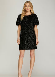 GREATEST SPARKLE SHORT BUBBLE SLEEVE SEQUIN SHIFT DRESS