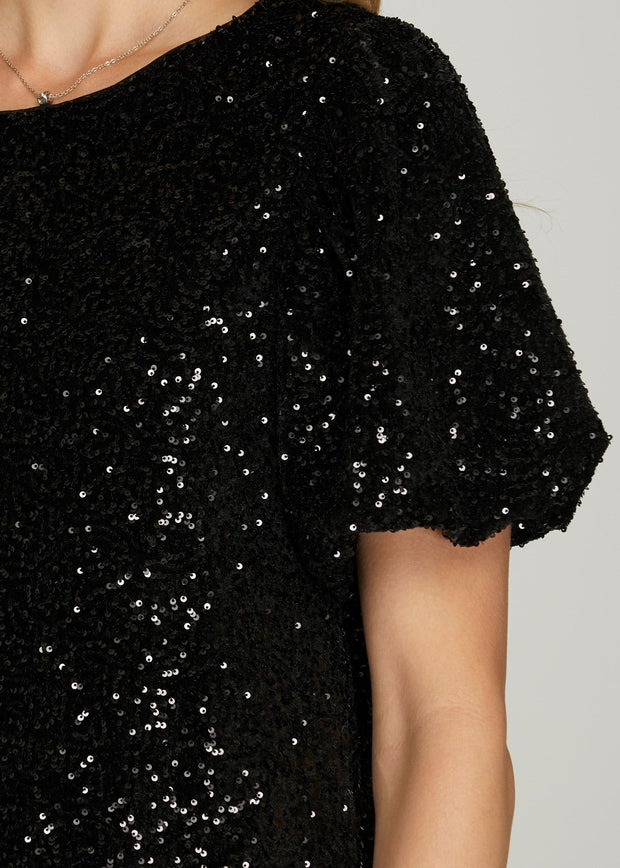 GREATEST SPARKLE SHORT BUBBLE SLEEVE SEQUIN SHIFT DRESS