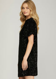 GREATEST SPARKLE SHORT BUBBLE SLEEVE SEQUIN SHIFT DRESS