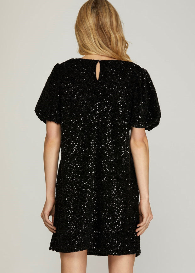 GREATEST SPARKLE SHORT BUBBLE SLEEVE SEQUIN SHIFT DRESS