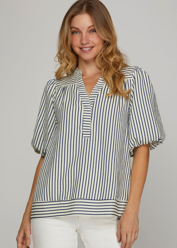 COUNTRY CLUB GATHERING NAVY PINSTRIPE BLOUSE