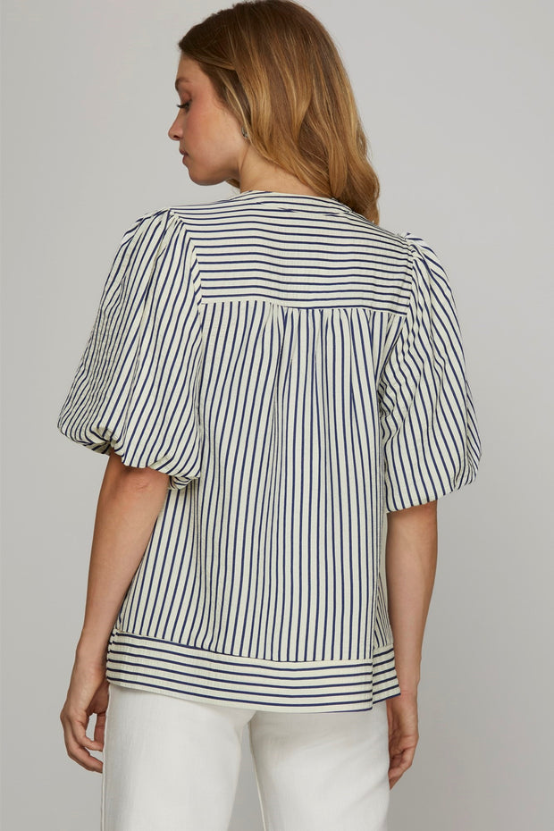 COUNTRY CLUB GATHERING NAVY PINSTRIPE BLOUSE